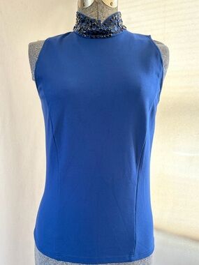 Vtg Akris punto blue mock neck tank with metallic collar embellishments